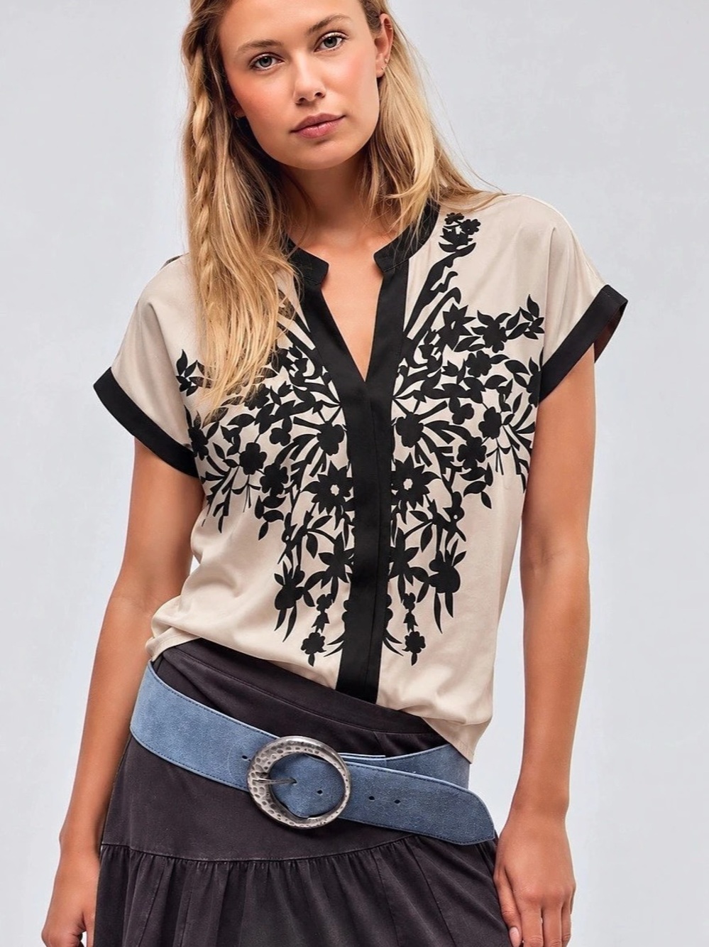 Women's Contrast Trim Floral Print Round Neck Short Sleeve T-Shirt Floral